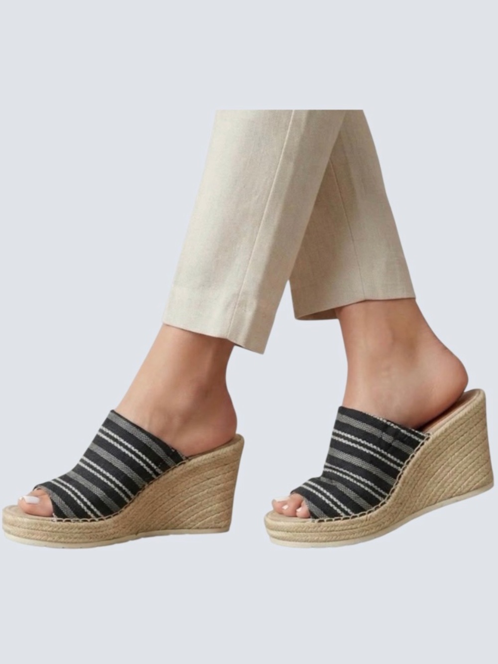 TOMS Monica Rope Wrap Wedge Mule Sandal Black Global Strip NWOT SZ 6.5